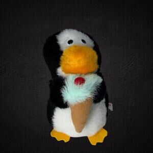 Vintage Penguin Plush Holding Ice Cream 6.5 In Made in Taiwan 1985